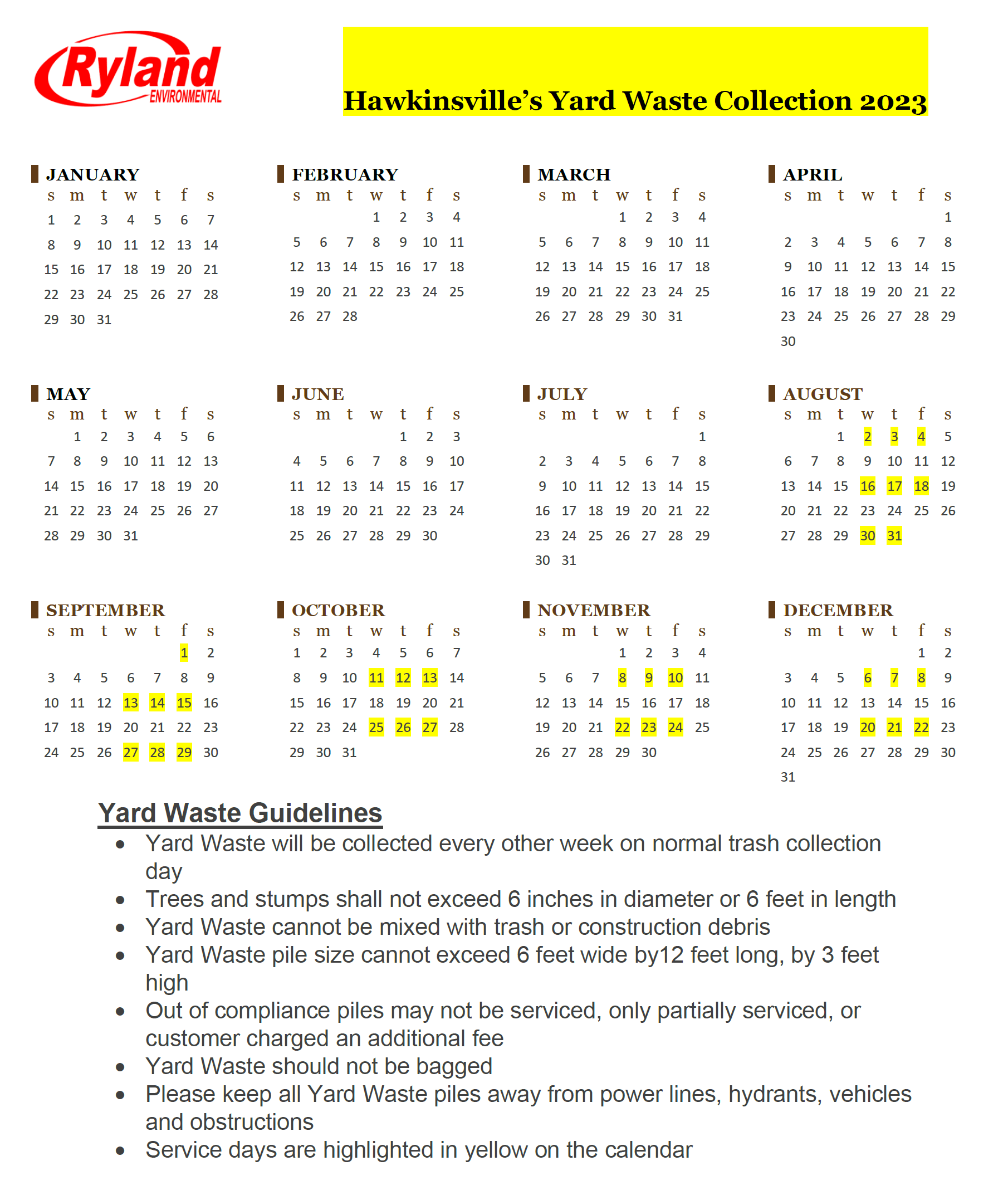 Yard Waste Schedule Ryland Hawkinsville Pulaski County